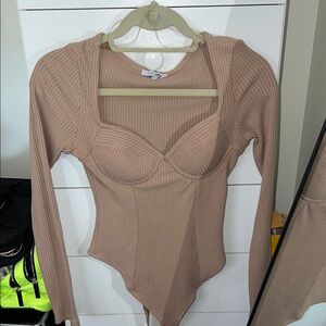 Fashion Nova Tan Ribbed Asymmetrical Bodysuit